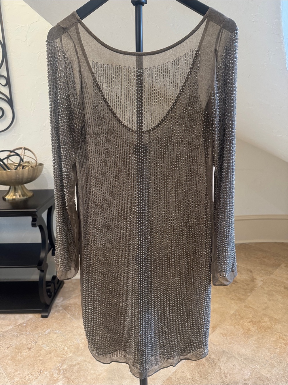 NWT Brown Sheer Long- Sleeve Hand-Beaded Boho Dress
